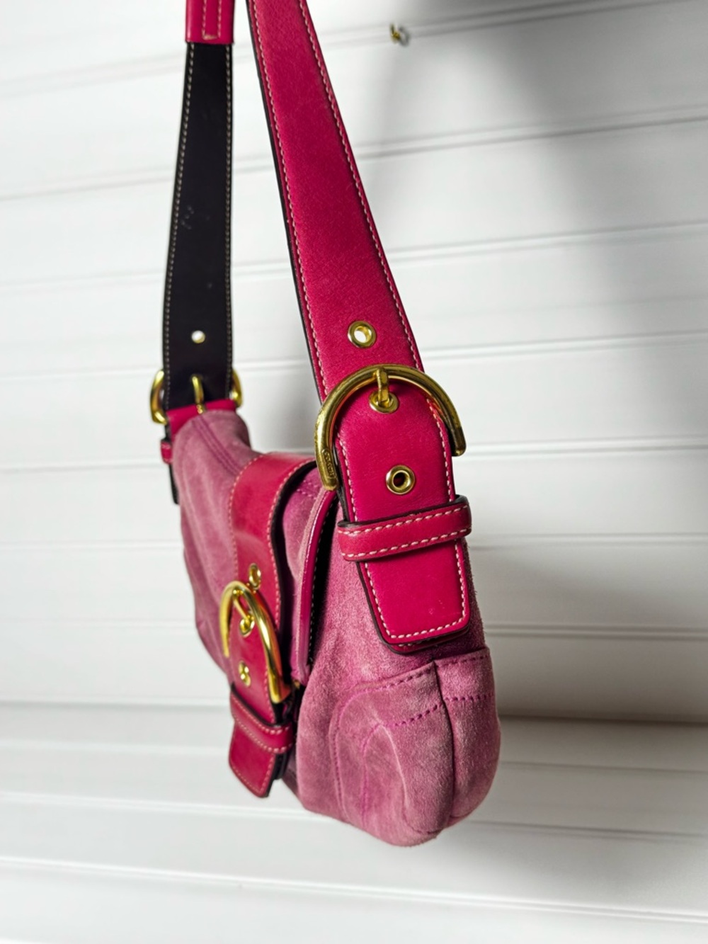 Coach Pink Suede Saddle Shoulder Bag with Gold Buckle and Pink Leather Strap - Picture 3 of 11